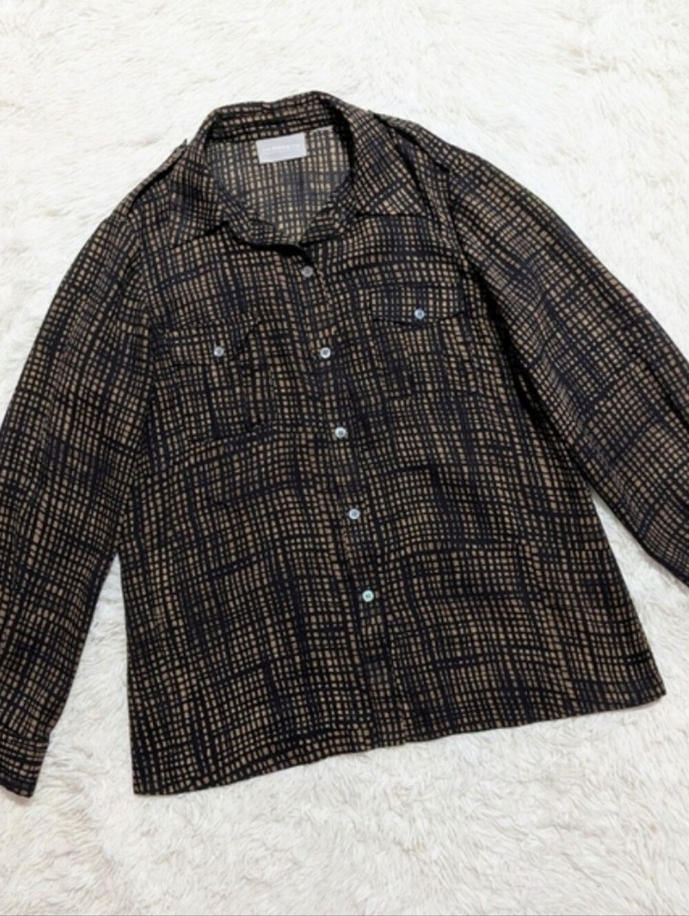 Liz Claiborne Sheer Brown & Black Abstract Grid Print Button Up Office Siren Top